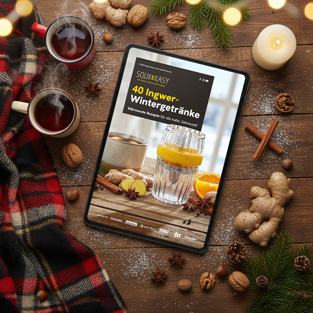 Starter Set: Ingwerpresse + 40 Ingwershot-Rezepte + 40 Wintergetränke
