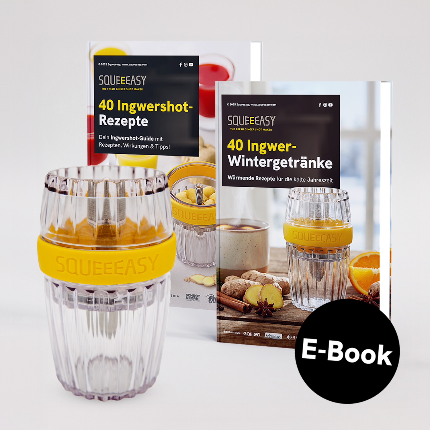 Starter Set: Ingwerpresse + 40 Ingwershot-Rezepte + 40 Wintergetränke