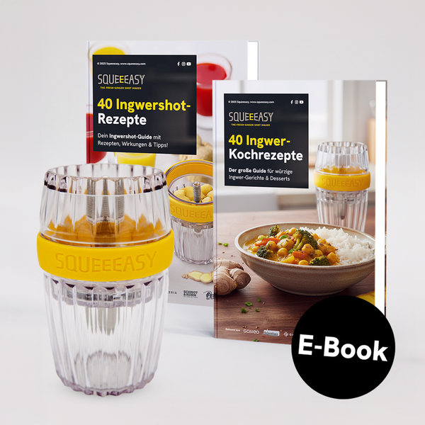 Gute-Vorsätze-Bundle: 80 Ingwershot- und Kochrezepte + Squeeeasy Ingwerpresse